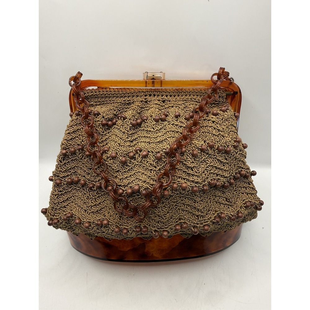 Vtg Oval Box Purse Beaded Handbag With Tortoise Lucite/Bakelite? Early Plastic - Picture 1 of 10